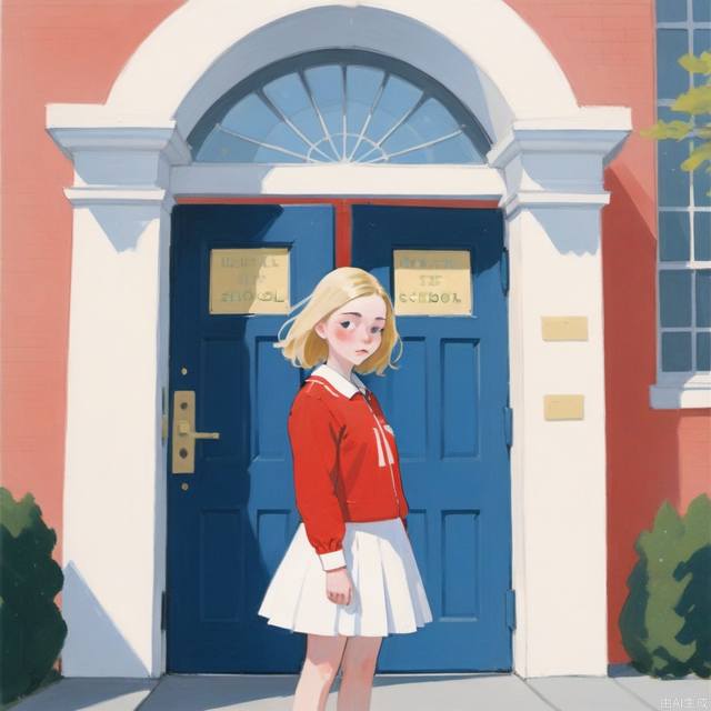 A girl wearing a red and white high school uniform is at the gate of the high school