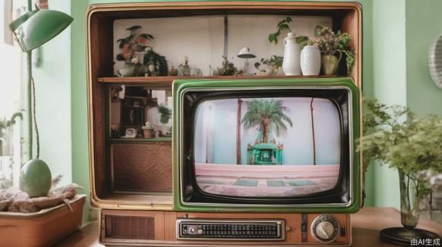 Small panoramic view of a green vintage vintage TV in a bright setting