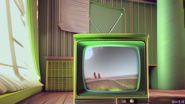 Grass yellow-green vintage retro TV set in a bright environment, weakening the environment and filling the screen with the small TV in the reference picture WJTelevision,Television, 