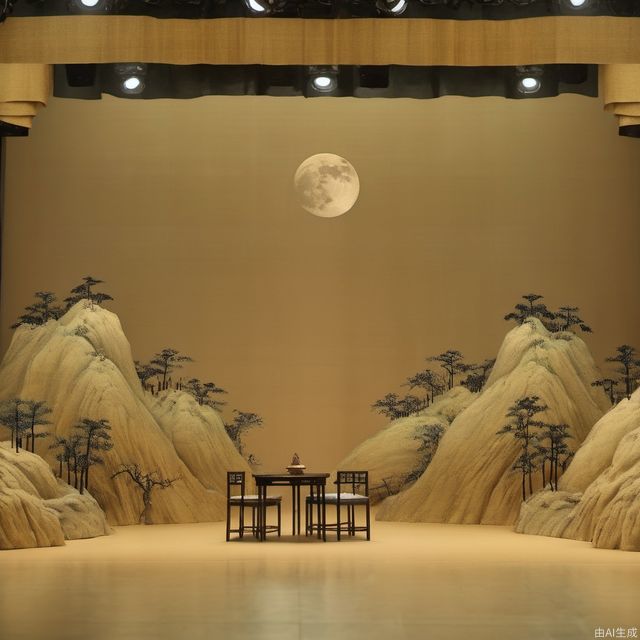 Stage design minimalism, small stage, moon, stage focus, Chinese landscape. Lake, black and golden brown, studio lighting, high quality, super detail, ultra HD32KUHD