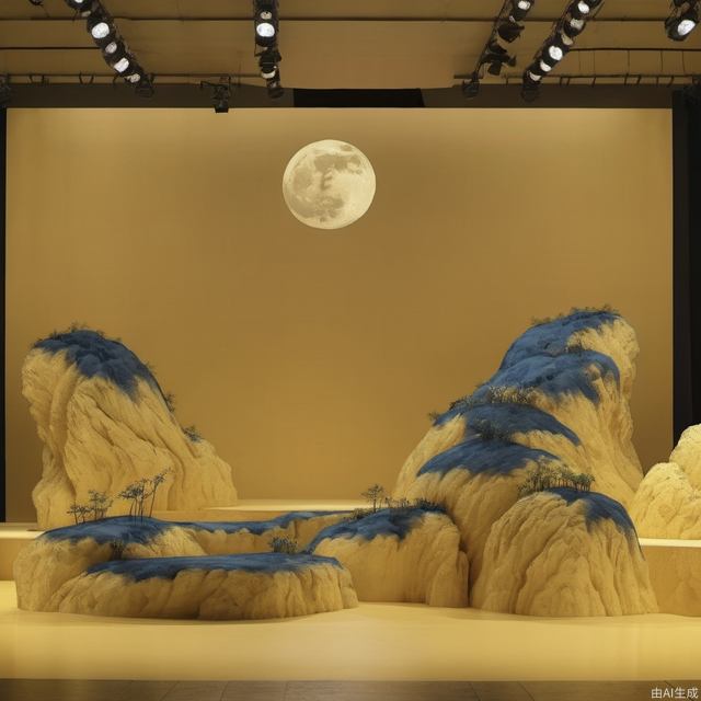 Stage design minimalism, small stage, moon, stage focus, tiger. Lake, swan, dark blue and yellow, studio lighting, high quality, super detail, ultra HD32KUHD