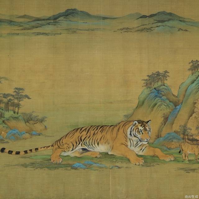 Tiger, cow, stage, meticulous painting