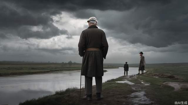 An old man of sixty and a young man of twenty were standing by an empty river looking across，Dark clouds covered the distant sky