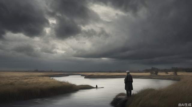 An old man of sixty and a young man of twenty were standing by an empty river looking across，Dark clouds covered the distant sky