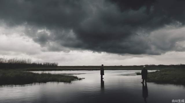 An old man of sixty and a young man of twenty were standing by an empty river looking across，Dark clouds covered the distant sky