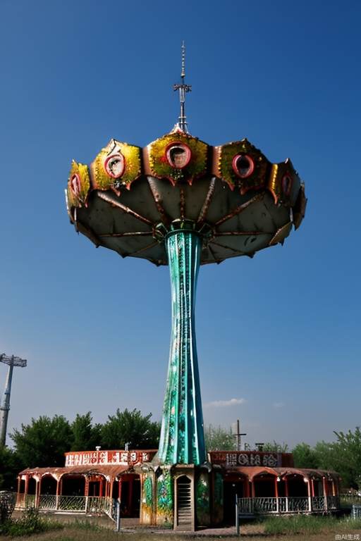 An abandoned amusement park reclaimed by nature, with rusted roller coasters and a carousel frozen in time.
blurry