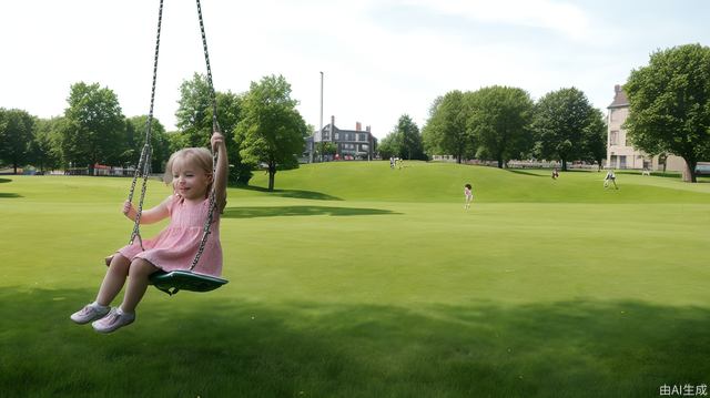 One sunny day in summer, there was a little girl swinging on the green lawn