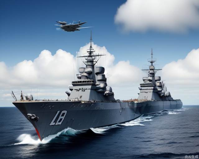 A battleship in the Pacific Ocean with futuristic aircraft above