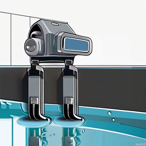 Generate a picture with a sense of technology and futurism. In the picture, a swimming pool cleaning robot is slowly emerging from the water surface. In the distant background, the water element forms a capital letter "A". The overall tone is black and gray, giving a modern and high-tech feeling. The background and the water surface should blend naturally to highlight the theme of future technology.