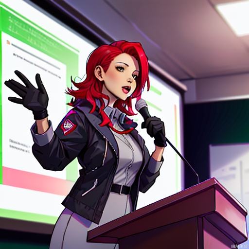 A woman with red hair, wearing a black down jacket and black gloves, is giving a lecture at the teacher's podium.