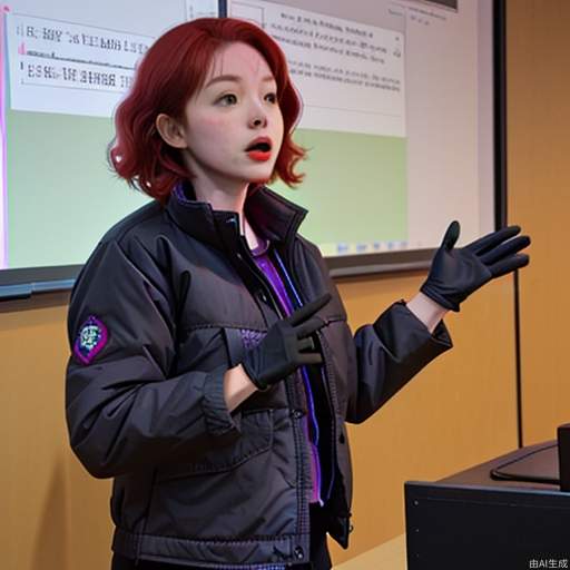 A woman with red hair, wearing a black down jacket and black gloves, is giving a lecture at the teacher's podium.