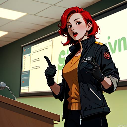 A woman with red hair, wearing a black down jacket and black gloves, is giving a lecture at the teacher's podium.