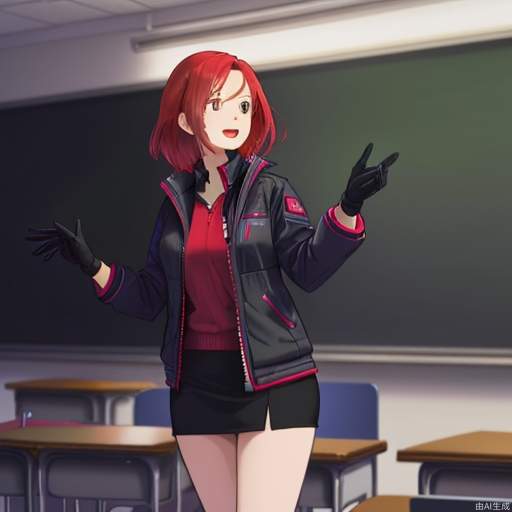 A woman with red hair, wearing a black down jacket and black gloves, is giving a lecture at the teacher's podium.