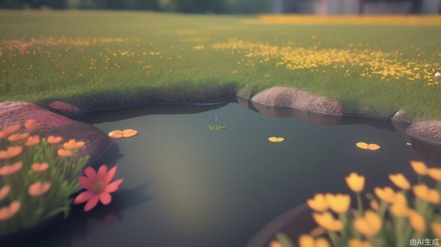 Prospect, flower, no humans, grass, water, medium\, octane\, masterpiece, 3D rendering, C4D, 8K, best quality