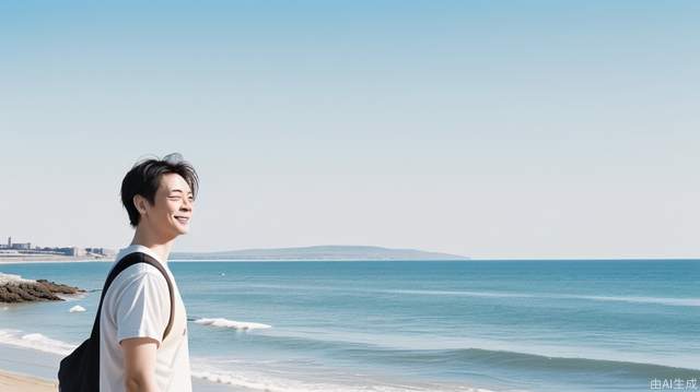 A man standing by the sea, image: sunny, cheerful; landscape: sunny; composition: half-body photo