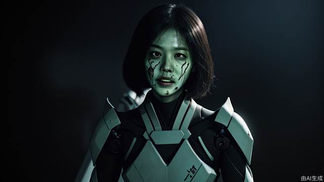 Zombie, Asian Face，(best quality), future, 1girl, solo, miko motif exoskeleton suit, led,  holding blade, machinery, digital engraving, ultra highres, absurdres, deep glow effect, hdr, light particles, cinematic lighting, depth of field