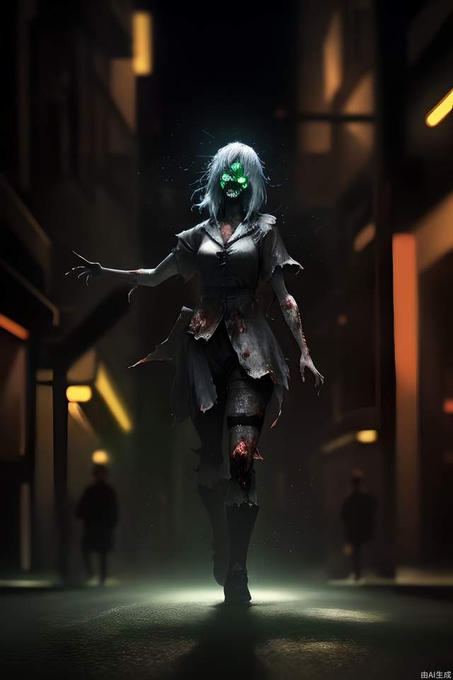 Zombie, Asian face, (best quality), fantasy, 1 girl, solo, LED, city street, full body, super high resolution, ridiculous, deep glow effect, HDR, light particles, movie lighting, depth of field