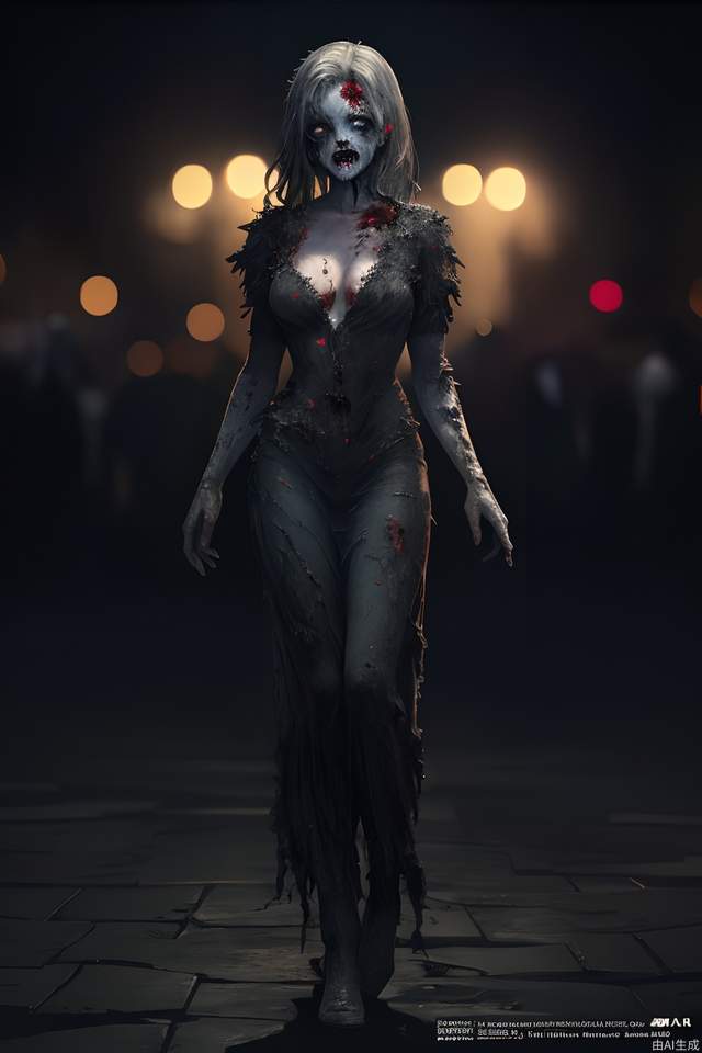 Zombie, 1 girl, conservative, clean face, beautiful, (reality: 1.3), highly detailed, high budget, bokeh, full body shot, gorgeous, cinematic texture, masterpiece, best quality, official art, 8k