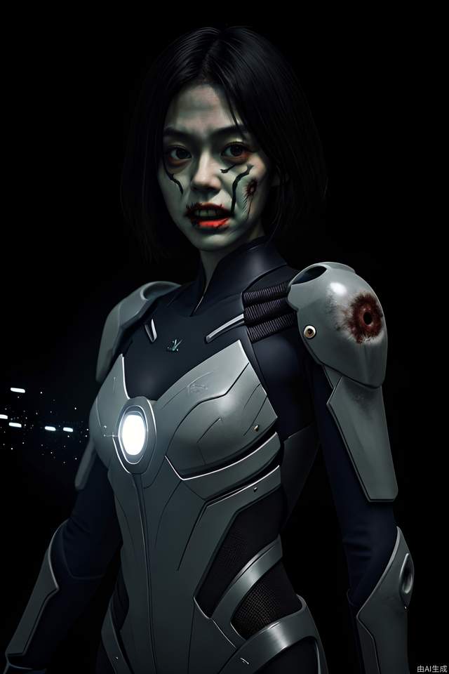Zombie, Asian Face，(best quality), future, 1girl, solo, miko motif exoskeleton suit, led,  holding blade, machinery, digital engraving, ultra highres, absurdres, deep glow effect, hdr, light particles, cinematic lighting, depth of field