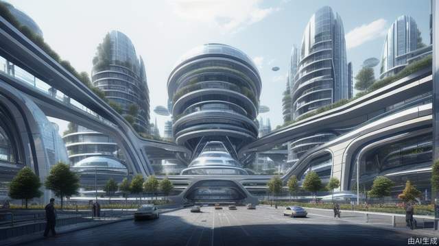 Meta-universe, virtual city, futuristic sense of technology, strange house shapes, different buildings, dream buildings, pedestrians, vehicles, a small number of science fiction aircraft, a little light track, the picture is fresh and neat, blue, film and television effects