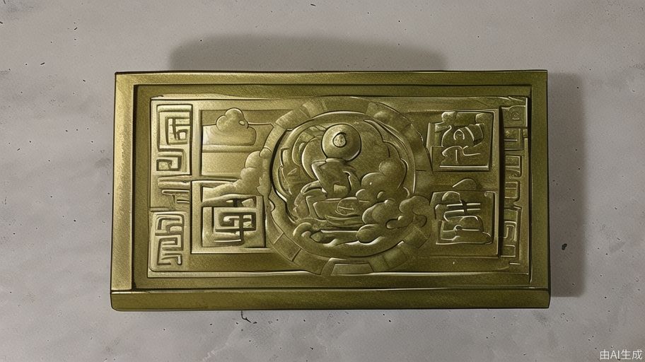 古代青铜令牌，长方形，刻有寺庙符号，云纹