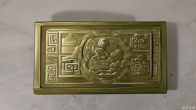 Ancient bronze token, rectangular, engraved with temple symbols, cloud patterns, dragon patterns, history, wear and tear, Chinese calligraphy, city temple