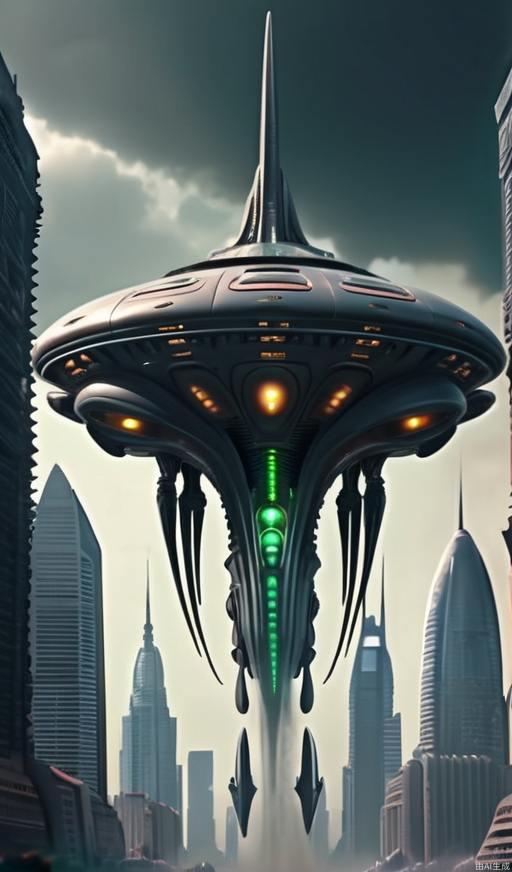 ((alien invasion)), colossal city size organic motherships descending, swarming with alien fighter craft, levelling skyscrapers with directed energy weapons, epic scale, cinematic perspective