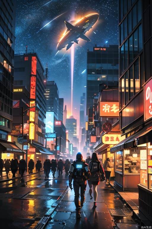 Cyberpunk, neon signs, people come and go, meteors fly in the sky, you can see spaceships, futuristic technology, starry skies, science fiction, futuristic cities, robots, flying machines, realistic, (diesel punk)