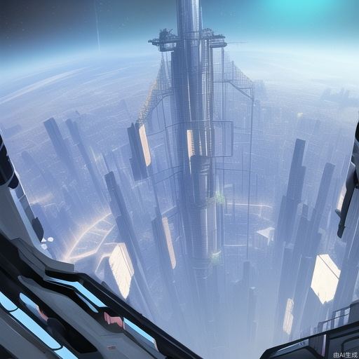 Future space elevators, massive structures that extend into space, sci-fi designs, high-tech cables and machinery, dramatic space environments, cityscapes with space elevators, advanced technology, detailed designs, huge space stations, high-altitude perspectives, dynamic lighting, epic scale