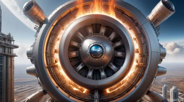 high-altitude view of planetary engine on Earth, massive futuristic thruster with flames shooting into the sky, sci-fi design, detailed machinery, space-age propulsion, urban buildings around engine, dramatic perspective, advanced technology, intricate details, cityscape and space integration