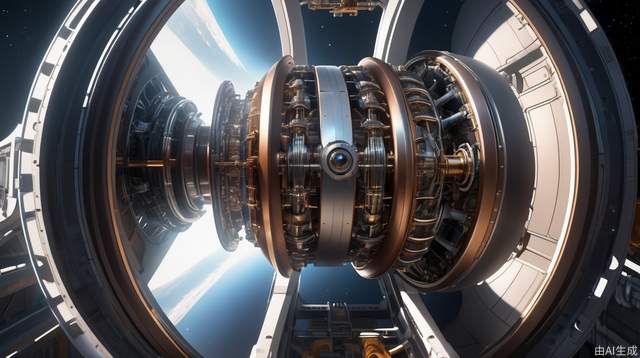 high-altitude view of planetary engine, massive futuristic thruster, sci-fi design, space scene, detailed machinery, dramatic perspective, advanced propulsion technology, colossal structure, space environment, intricate details, dynamic lighting.