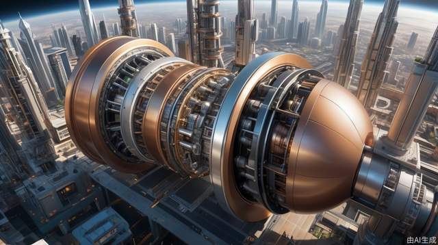 high-altitude view of planetary engine on Earth, massive futuristic thruster on cityscape, sci-fi design, detailed machinery, space-age propulsion, urban buildings around engine, dramatic perspective, advanced technology, intricate details, cityscape and space integration