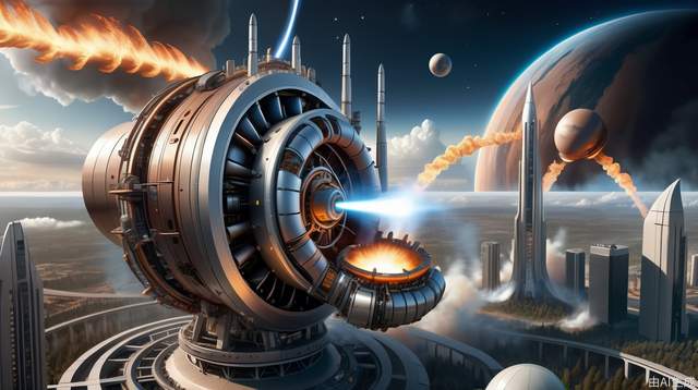 A high-altitude view of a planetary engine on Earth, a giant futuristic thruster, flames hurtling into the sky, sci-fi designs, detailed machinery, space-age propulsion, urban architecture surrounding the engine, dramatic perspectives, advanced technology, intricate details, cityscapes, and spatial integration