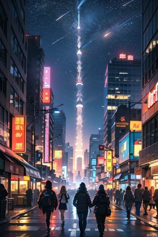 、(masterpiece, highest quality), cyberpunk, city streets, high-rise buildings, neon signs, people coming and going, shooting stars flying in the sky, you can see spaceships, futuristic technology, starry sky, science fiction, futuristic cities, robots, aircraft