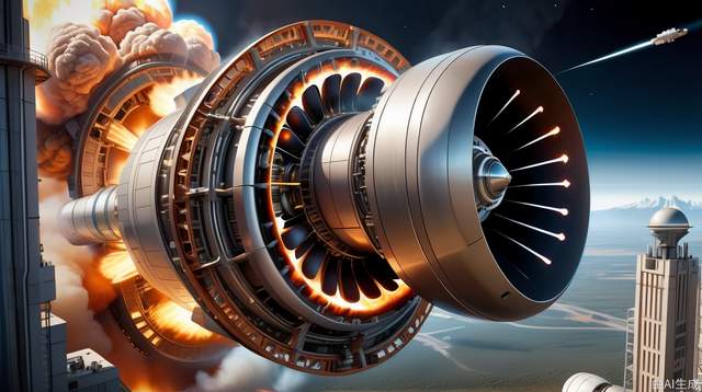 A high-altitude view of a planetary engine on Earth, a giant futuristic thruster, flames hurtling into the sky, sci-fi designs, detailed machinery, space-age propulsion, urban architecture surrounding the engine, dramatic perspectives, advanced technology, intricate details, cityscapes, and spatial integration