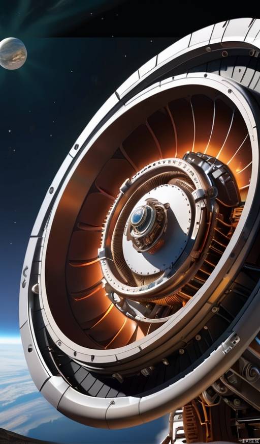 high-altitude view of planetary engine, massive futuristic thruster, sci-fi design, space scene, detailed machinery, dramatic perspective, advanced propulsion technology, colossal structure, space environment, intricate details, dynamic lighting.