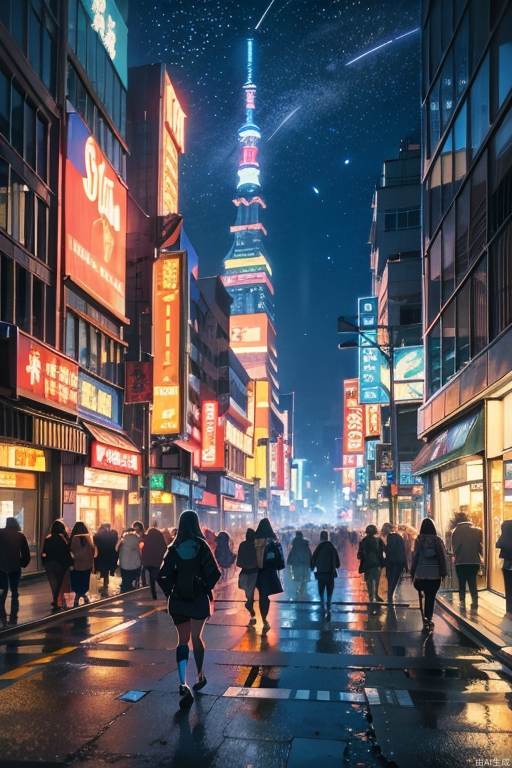 (Studio Ghibli style), (masterpiece, highest quality), cyberpunk, city streets, high-rise buildings, neon signs, people coming and going, shooting stars flying in the sky, you can see spaceships, futuristic technology, starry sky, science fiction, futuristic cities, robots, aircraft