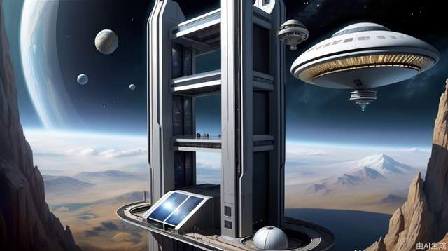 Future space elevators, massive structures that extend into space, sci-fi designs, high-tech cables and machinery, dramatic space environments, cityscapes with space elevators, advanced technology, detailed designs, huge space stations, high-altitude perspectives, dynamic lighting, epic scale