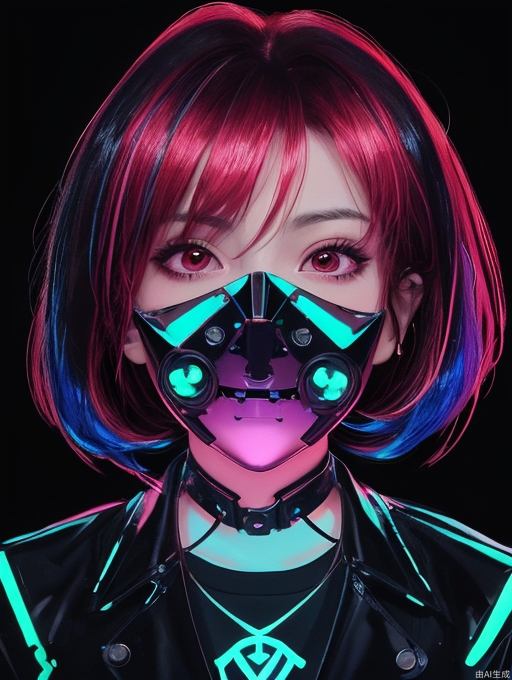 A cute girl with holographic red colored hair wearing an iridescent black and red reflective tech-wear, tech wear, gothic jacket, and black and neon glowing cyberpunk mask covering the top half of his face, she is looking at the viewer, by Hajime Sorayama, by Katsuhiro Otomo, black background, high contrast, glowing colors, holograms all around her