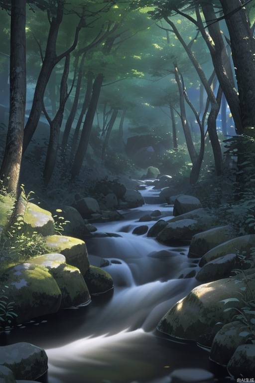 Forest, there are some small animals in the forest, there is a stream, there is a mountain behind it, official art, extremely detailed CG unified 8k wallpaper,