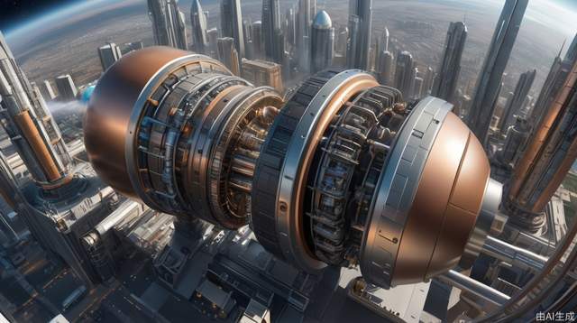 high-altitude view of planetary engine on Earth, massive futuristic thruster on cityscape, sci-fi design, detailed machinery, space-age propulsion, urban buildings around engine, dramatic perspective, advanced technology, intricate details, cityscape and space integration