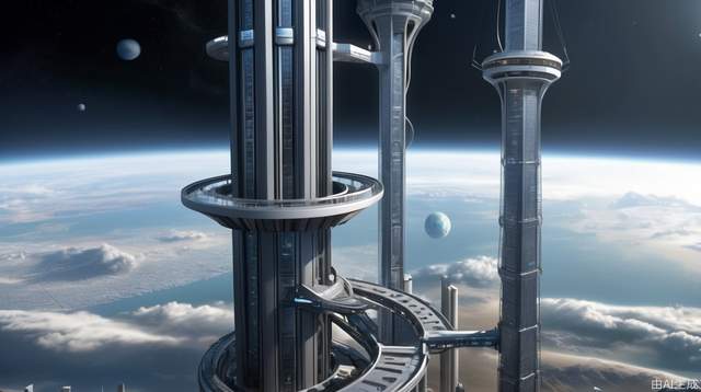 futuristic space elevator, massive structure extending into space, sci-fi design, high-tech cables and machinery, dramatic space environment, cityscape with space elevator, advanced technology, detailed design, colossal space station, high-altitude perspective, dynamic lighting, epic scale