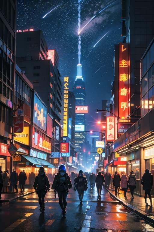 、(masterpiece, highest quality), cyberpunk, city streets, high-rise buildings, neon signs, people coming and going, shooting stars flying in the sky, you can see spaceships, futuristic technology, starry sky, science fiction, futuristic cities, robots, aircraft, realistic, ((dieselpunk))