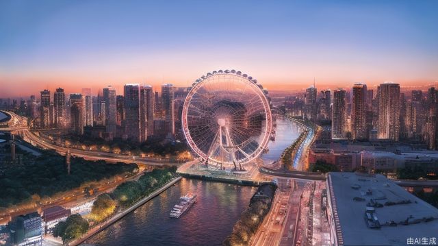 Ferris wheel, cityscape, city, day, cirrus, realistic, Tyndall effect, Bustling city