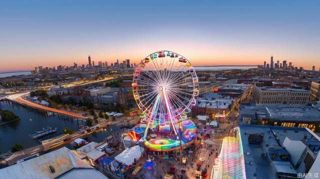 Ferris wheel, cityscape, city, daytime, cirrus clouds, reality, Tyndall effect, bustling city, sky, rainbow