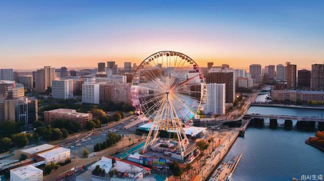 Ferris wheel, cityscape, city, daytime, cirrus clouds, reality, Tyndall effect, bustling city, sky, rainbow