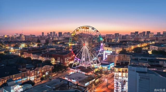 Ferris wheel, cityscape, city, daytime, cirrus clouds, reality, Tyndall effect, bustling city, sky, rainbow