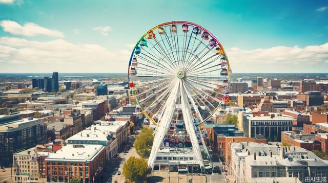 Ferris wheel, cityscape, city, daytime, cirrus clouds, reality, Tyndall effect, bustling city, sky, rainbow