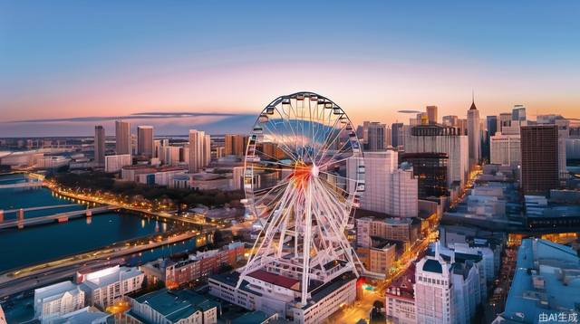 Ferris wheel, cityscape, city, daytime, cirrus clouds, reality, Tyndall effect, bustling city, sky, rainbow