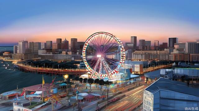 Ferris wheel, cityscape, city, day, cirrus, realistic, Tyndall effect, Bustling city